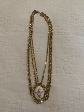 Vintage Gold-Toned Multi-Chain Necklace with Pink Rose Cameo